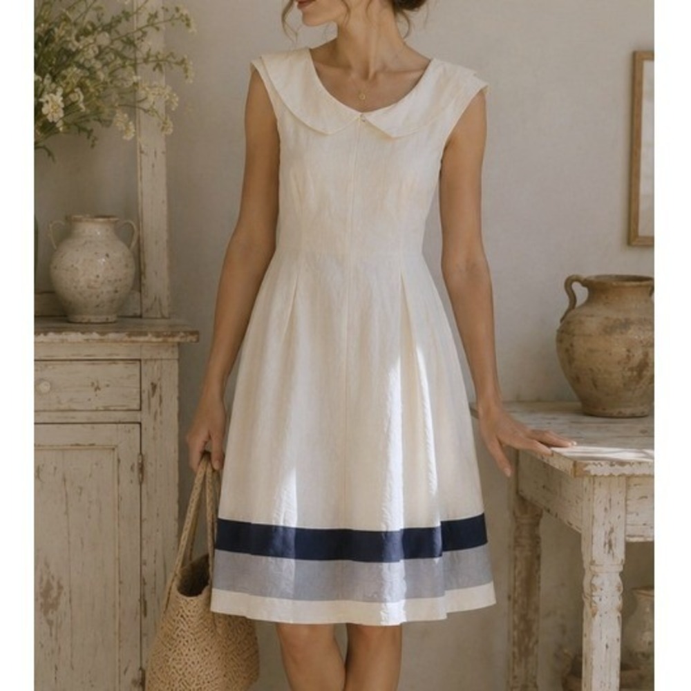 Paul Costelloe Italian Linen Midi Dress Cream Peter Pan Collar 14 Mod Nautical